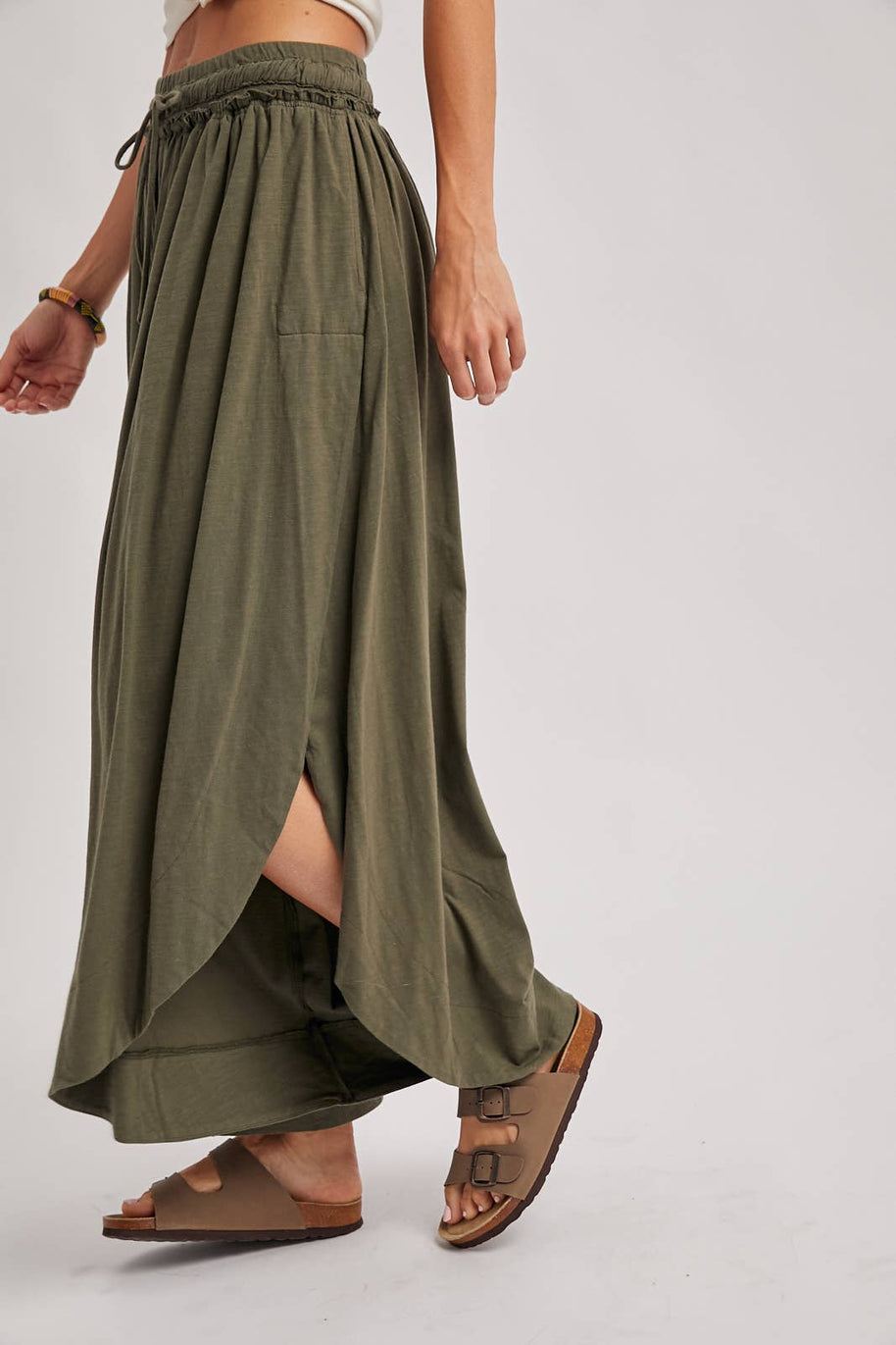 BOHEMIAN SIDE SLIT ROUNDED HEM WIDE LEG PANTS - La Dolce Vita Boutique