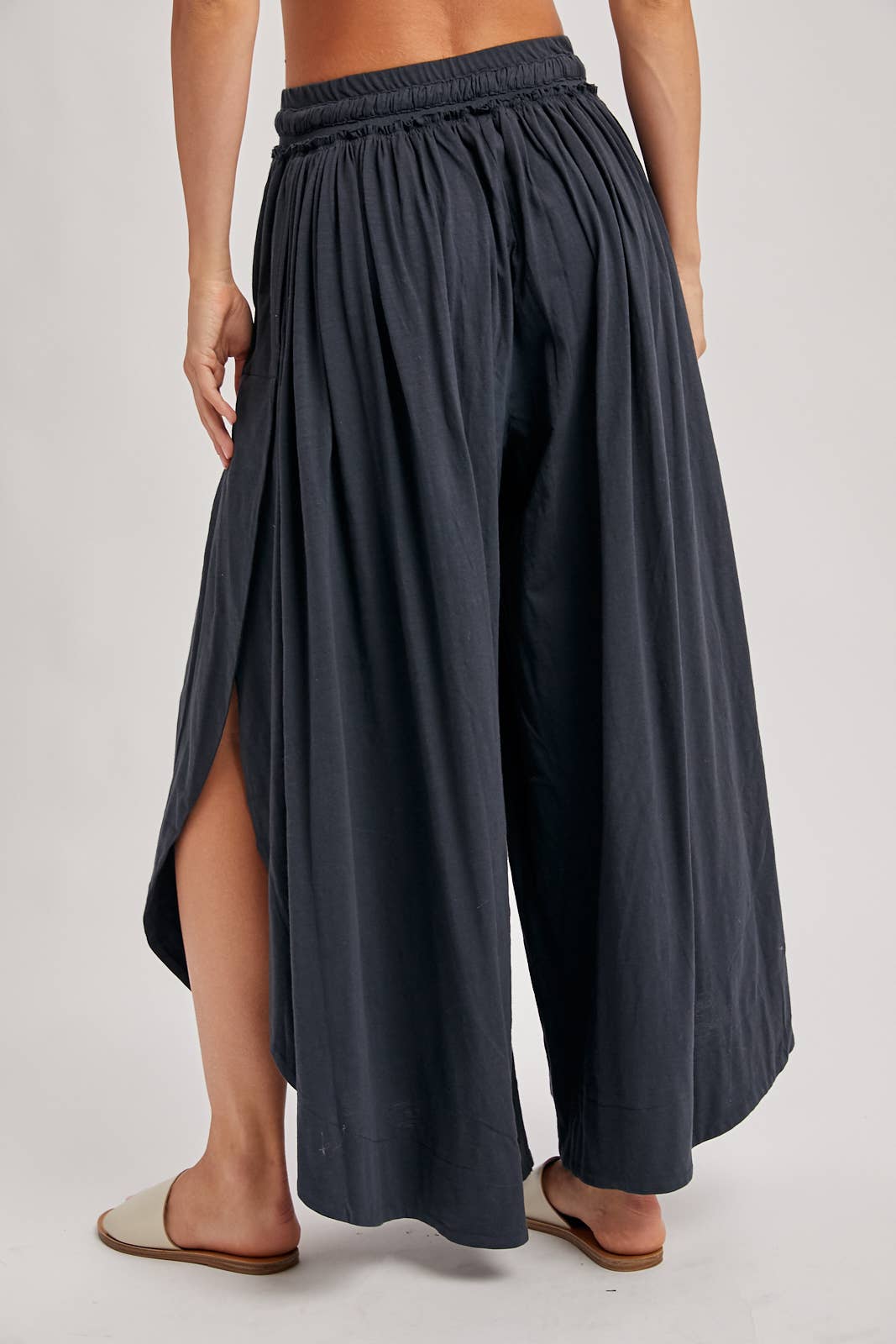 BOHEMIAN SIDE SLIT ROUNDED HEM WIDE LEG PANTS - La Dolce Vita Boutique
