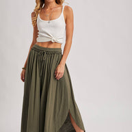 BOHEMIAN SIDE SLIT ROUNDED HEM WIDE LEG PANTS - La Dolce Vita Boutique