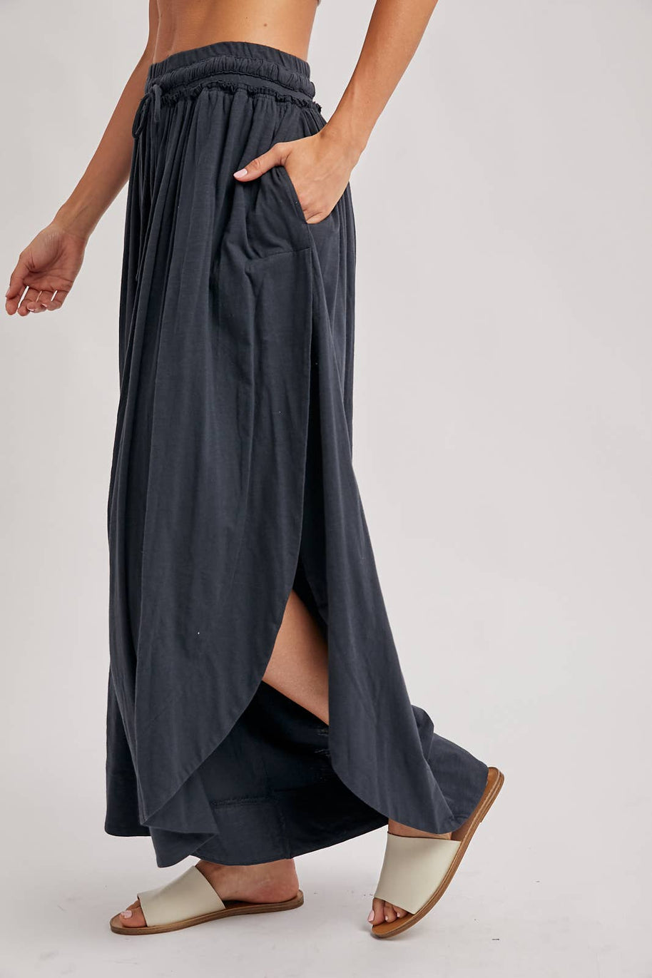 BOHEMIAN SIDE SLIT ROUNDED HEM WIDE LEG PANTS - La Dolce Vita Boutique