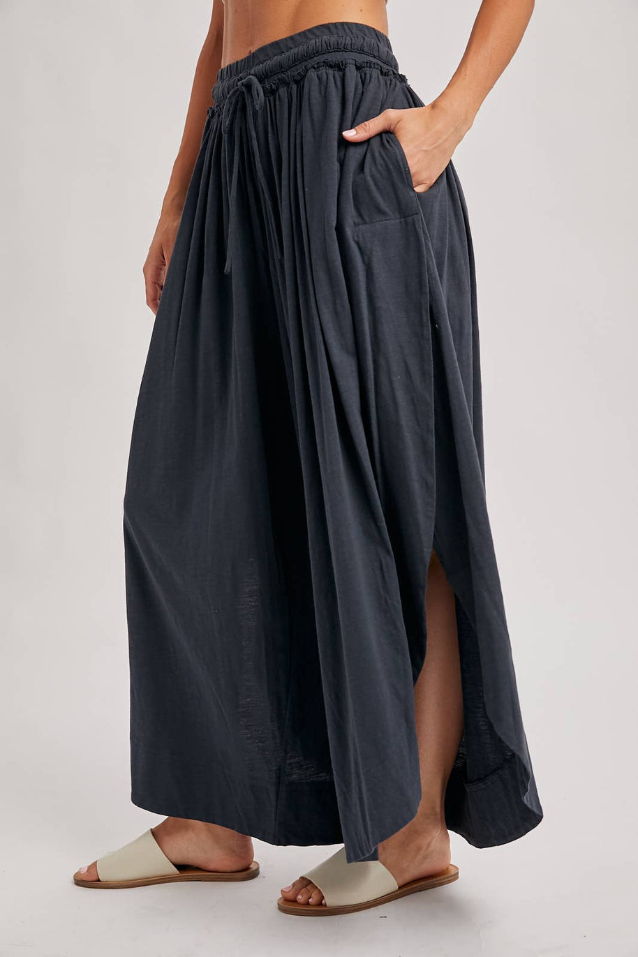BOHEMIAN SIDE SLIT ROUNDED HEM WIDE LEG PANTS - La Dolce Vita Boutique