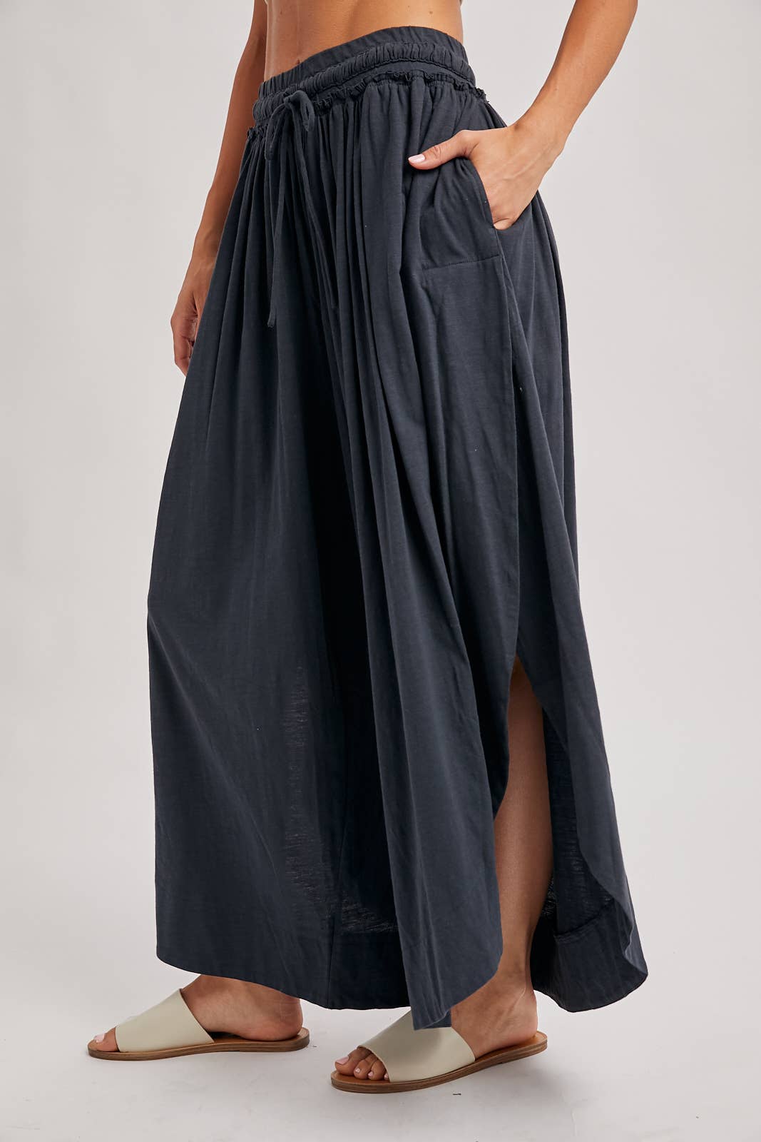 BOHEMIAN SIDE SLIT ROUNDED HEM WIDE LEG PANTS - La Dolce Vita Boutique