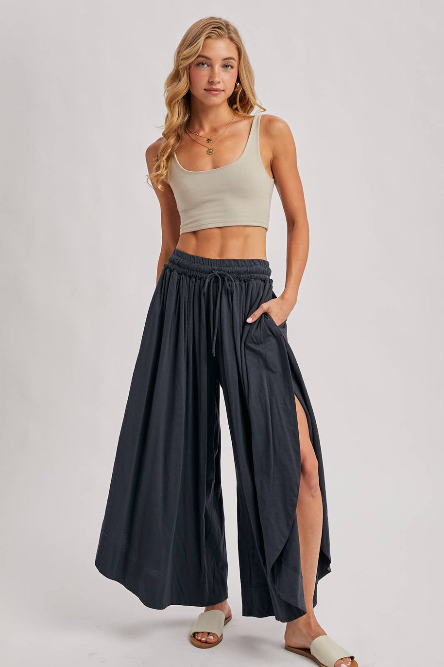 BOHEMIAN SIDE SLIT ROUNDED HEM WIDE LEG PANTS - La Dolce Vita Boutique