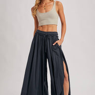 BOHEMIAN SIDE SLIT ROUNDED HEM WIDE LEG PANTS - La Dolce Vita Boutique