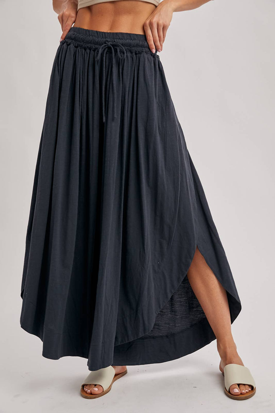 BOHEMIAN SIDE SLIT ROUNDED HEM WIDE LEG PANTS - La Dolce Vita Boutique