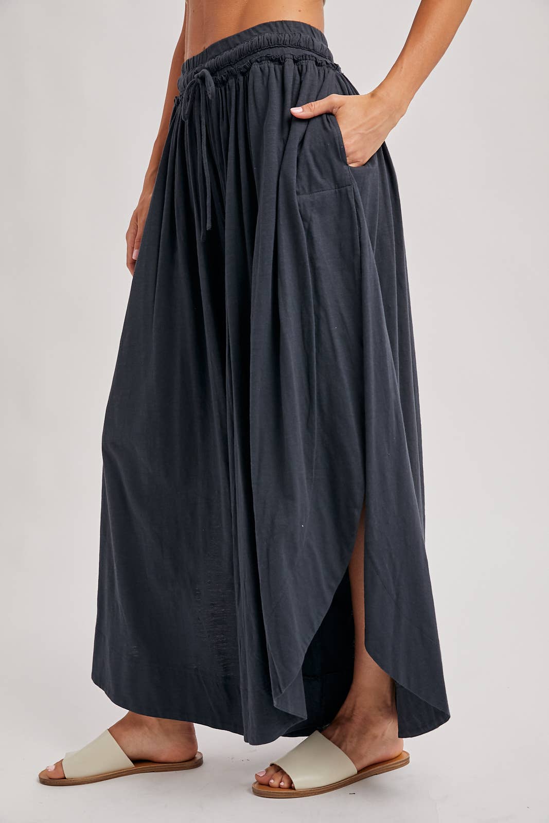 BOHEMIAN SIDE SLIT ROUNDED HEM WIDE LEG PANTS - La Dolce Vita Boutique