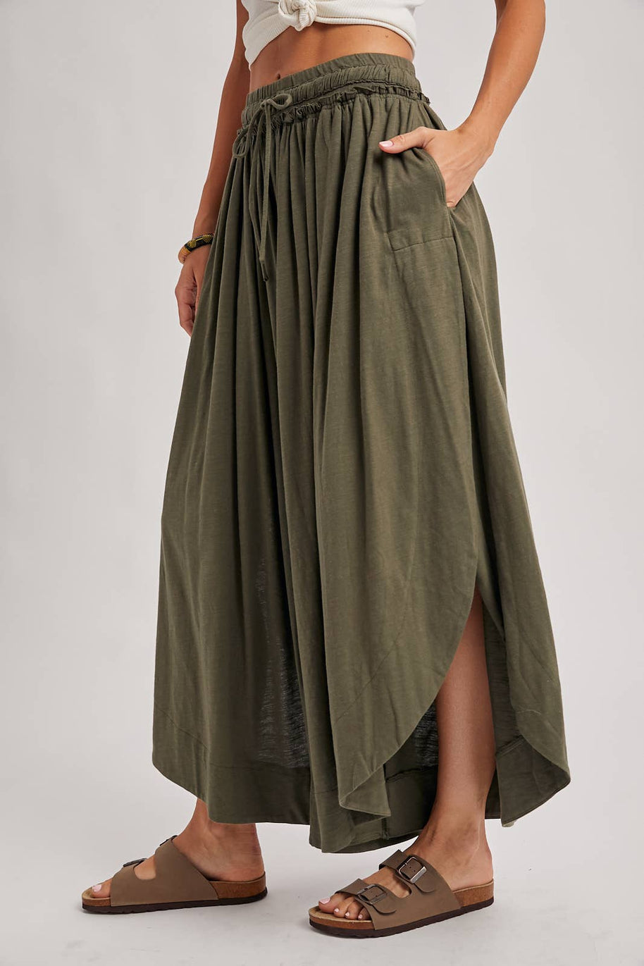 BOHEMIAN SIDE SLIT ROUNDED HEM WIDE LEG PANTS - La Dolce Vita Boutique
